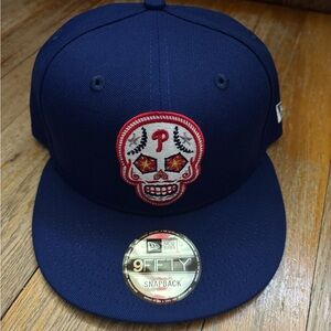 New era9Fifty Philadelphia Phillies DOTD Snapback Hat Skull Day of the Dead Blue